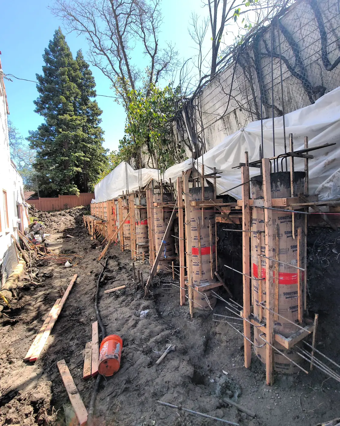 Rebar cages in drilled piers, pre-pour — Sound Wall Replacement — Diablo Country Club, Danville, CA