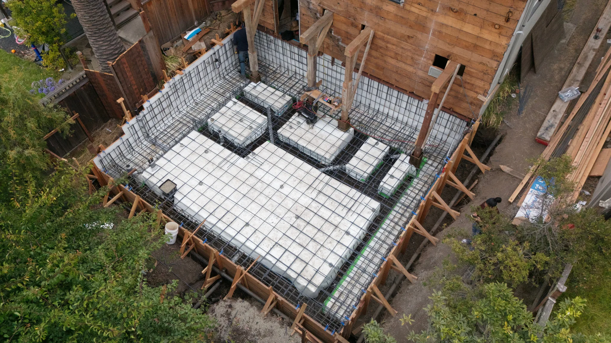 Void forms and rebar in place inside the perimeter walls of the addition — Albany Home Addition Foundation, Albany, CA
