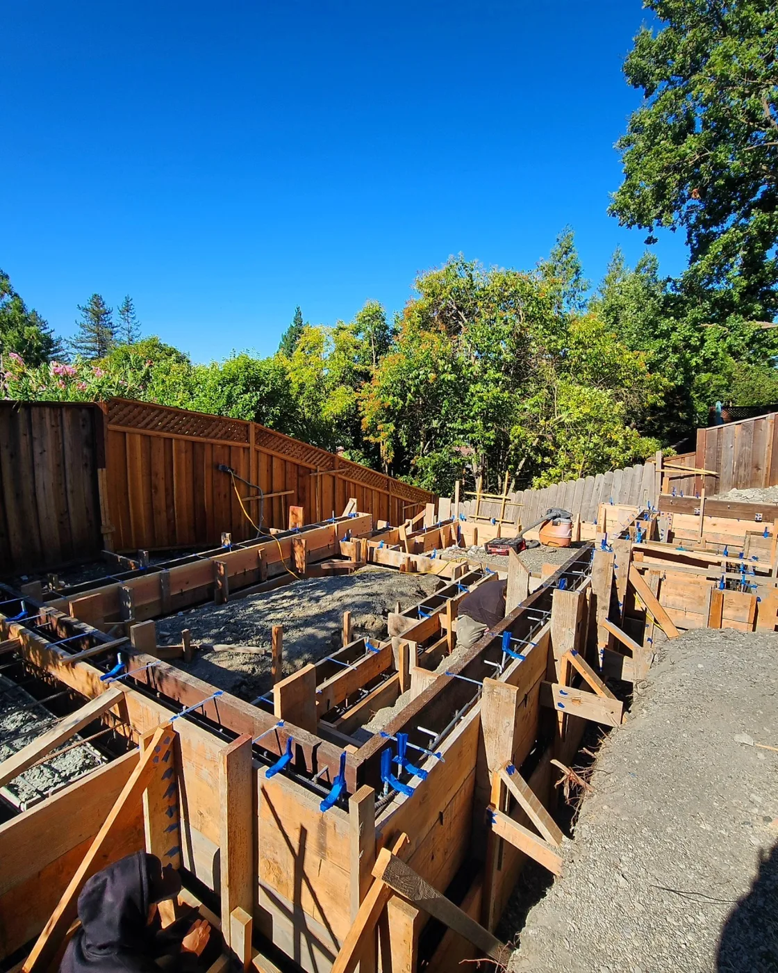 Intricate rebar and formwork for a raised hillside ADU foundation — Danville, CA