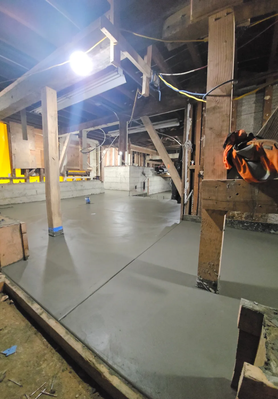Freshly finished concrete slab in the new basement level — Durant Basement Foundation, Berkeley, CA