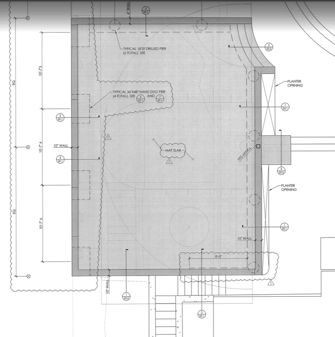 Structural plan: 20-inch mat slab, retaining walls, and drilled piers — Lombard Street Basketball Court Foundation, San Francisco, CA